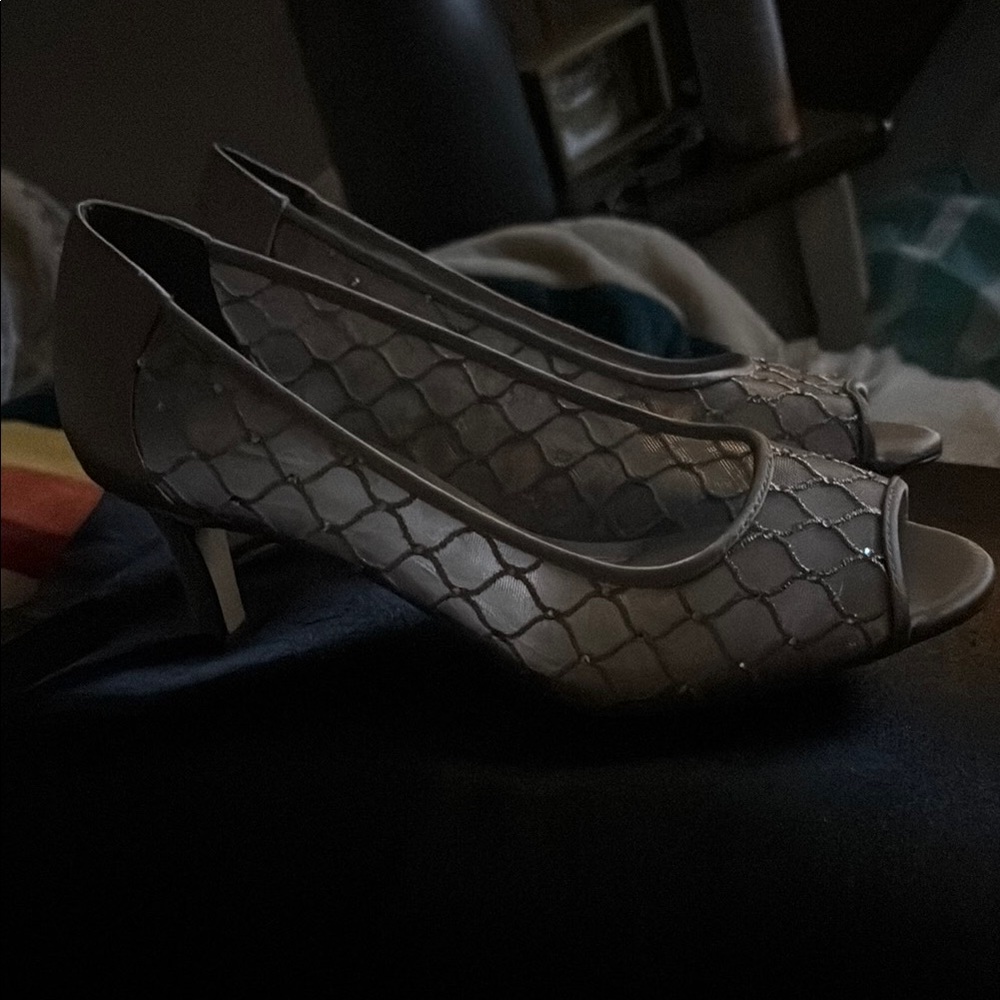 Alex Marie Silver Peep-Toe Heels with Lace Overlay - Picture 2 of 2